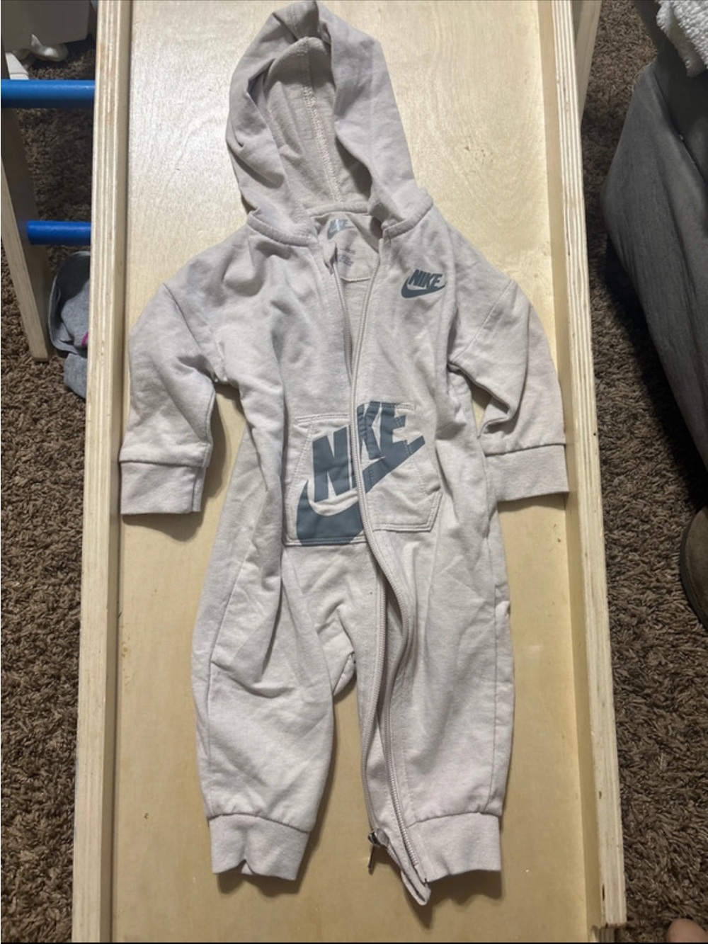 Nike Baby Hooded One-Piece in Light Gray with Blue Logo